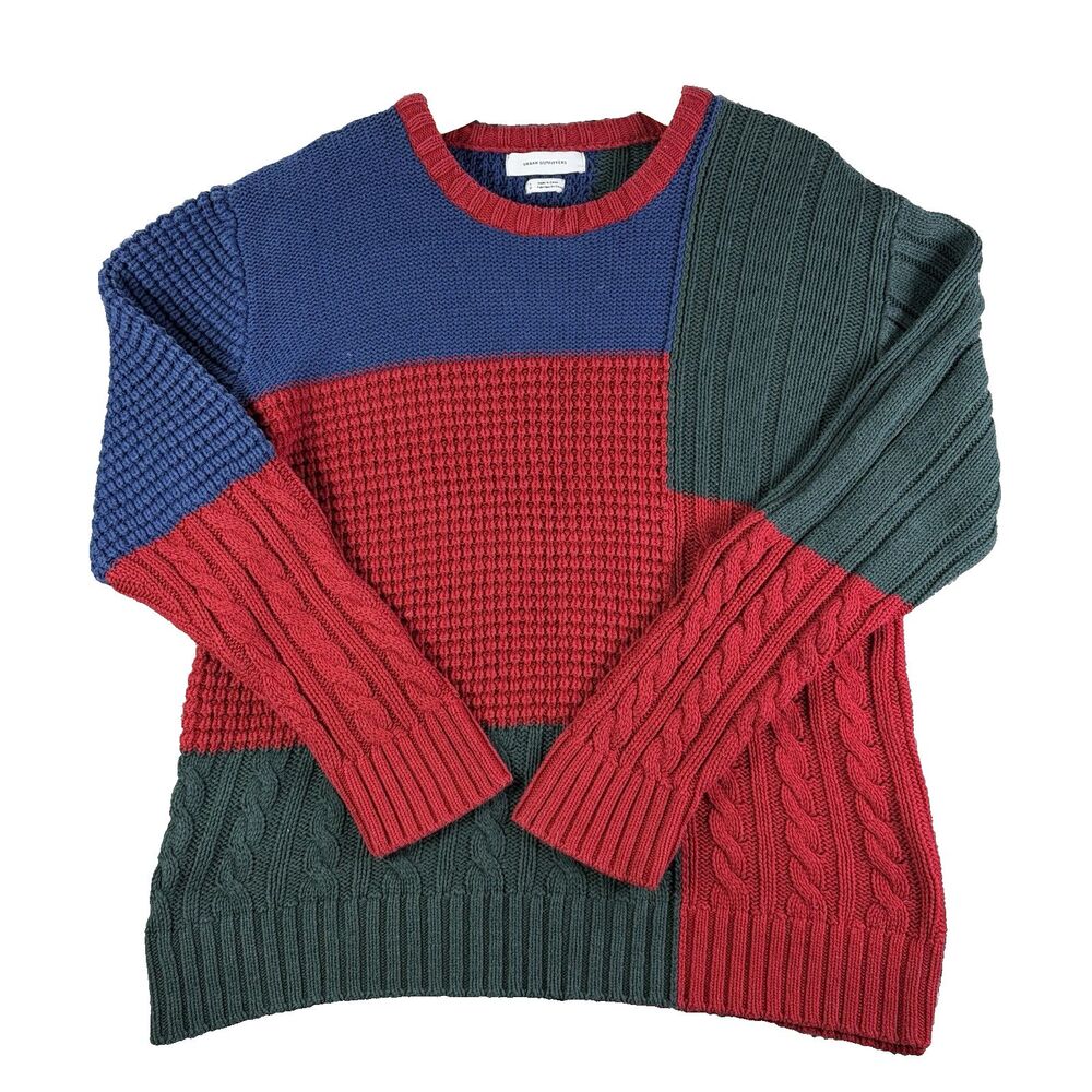Urban Outfitters Patchwork Knit Sweater Mens Large Color Block Herringbone Chunk